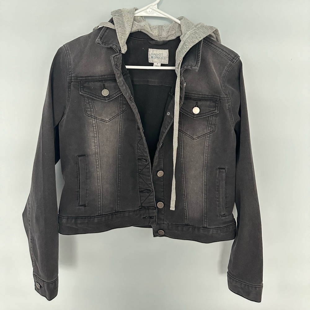 Market & Spruce Black Denim Jacket with Grey Hood Size M